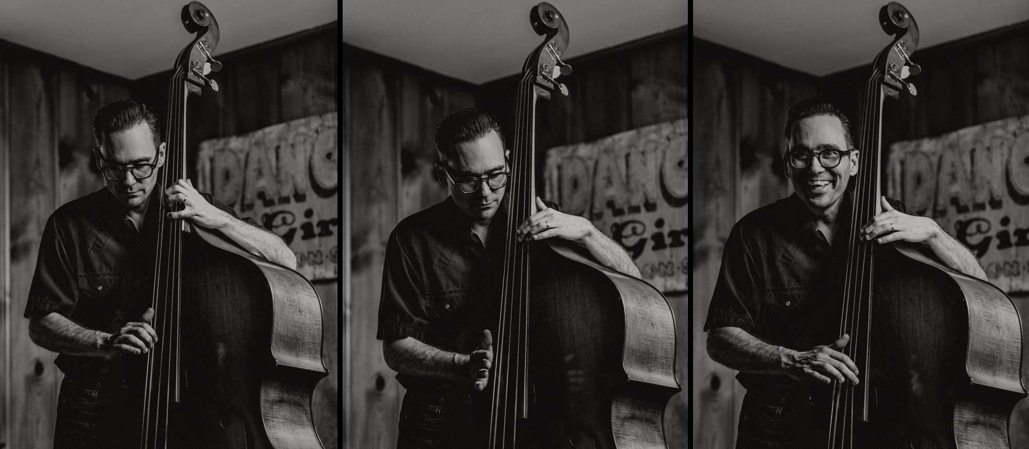 A triptych of Shawn Supra playing the upright bass